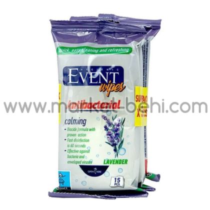 Мокри кърпи Event Antibacterial, Lavender, 3 х 15 броя