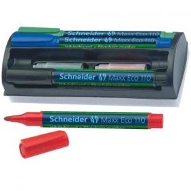 Комплект маркери за бяла дъска Schneider, 4 цвята, с гъба