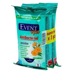 Мокри кърпи Event Antibacterial, невен, 3 х 15 броя