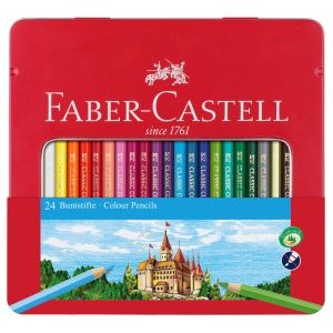 Моливи цветни Faber Castell,  замък, метална кутия, 24 цвята
