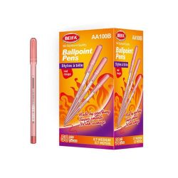 Beifa Химикалка AA100B-50B3, 0.7 mm, прозрачна, червено мастило, 50 броя
