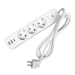 Разклонител Office 1, шуко, 3 гнезда, 1.8 m кабел, 2 USB Type-A, 1 USB Type-C, с ключ, бял