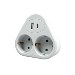 Разклонител Office 1, шуко, 2 гнезда, 1 USB Type-A, 1 USB Type-C, бяло-сив