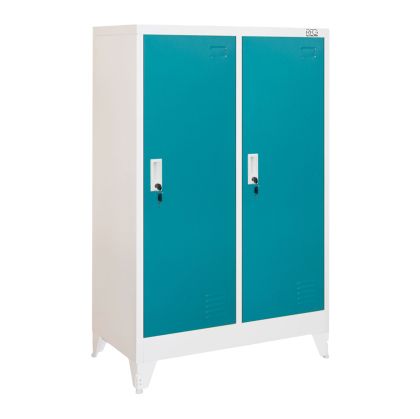 Гардероб RFG, метален, двоен, с две врати, 80 х 40 х 120 cm, бял, с тюркоазени врати