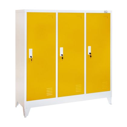 Гардероб RFG, метален, троен, с три врати, 120 х 40 х 120 cm, бял, с жълти врати