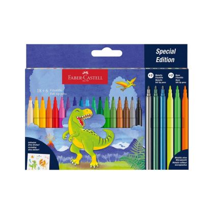 Faber-Castell Флумастери Динозавър, 18 стандартни, 3 металикови и 3 неонови цвята