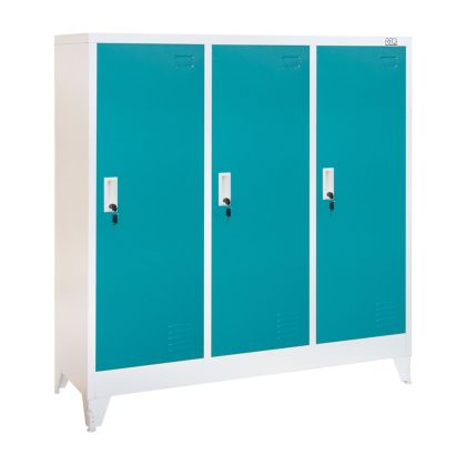 Гардероб RFG, метален, троен, с три врати, 120 х 40 х 120 cm, бял, с тюркоазени врати