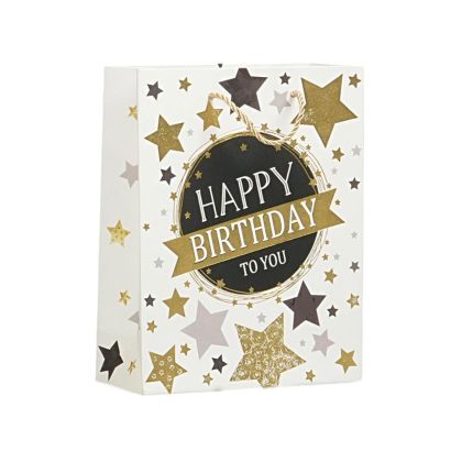 Подаръчна торбичка Happy Birthday, звезди, 26 х 32 х 10 cm бяла