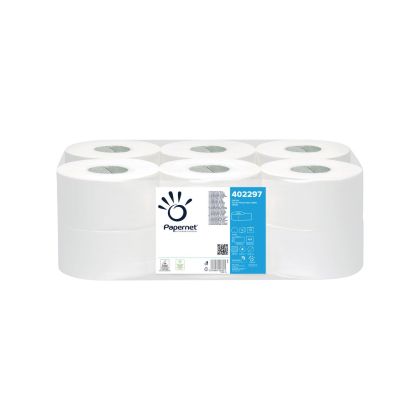 Тоалетна хартия Papernet Mini Jumbo, двупластова, целулозна, 450 g, 12 броя, 459 къса, 140 m