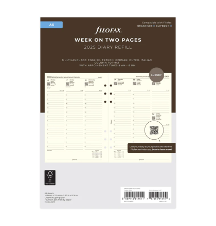 Filofax Пълнител за органайзер, A5, за 2025 година, 1 седмица на 2 страници, кремав
