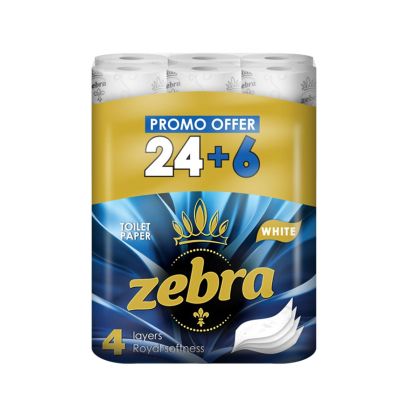 Тоалетна хартия Zebra White, четирипластова, 130 къса, 24+6 броя