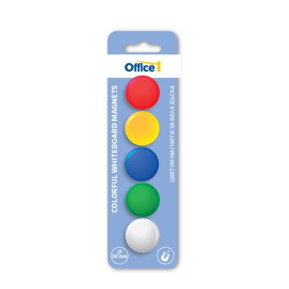 Office 1 Магнити, за бяла дъска, цветни, 30 mm, 5 броя
