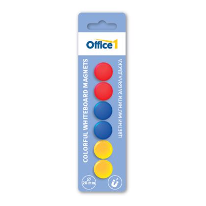 Office 1 Магнити, за бяла дъска, цветни, 20 mm, 6 броя