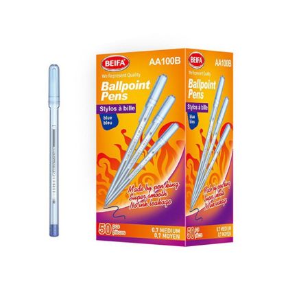 Beifa Химикалка AA100B-50B2, 0.7 mm, прозрачна, синьо мастило, 50 броя