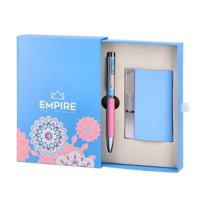 Комплект кутийка за визитки и химикалка Empire Agra, сини
