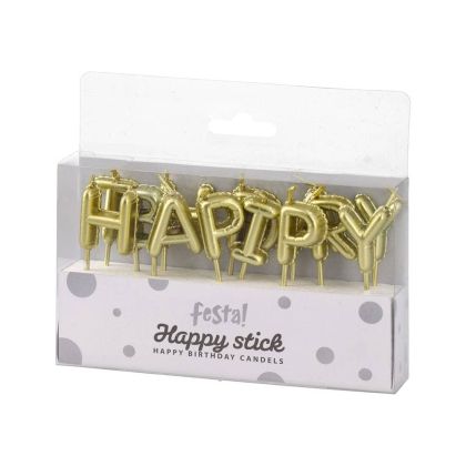 Свещи за торта Festa, Happy Birthday, златисти