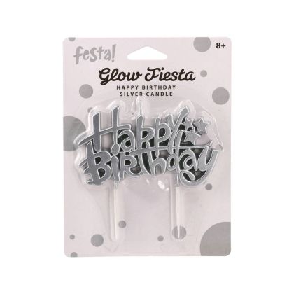 Свещ за торта Festa, Happy Birthday, сребриста