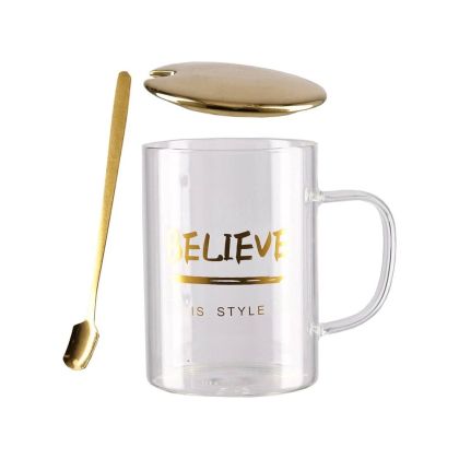 Чаша Takk Moka, Love, стъклена, с капак и лъжица, златиста