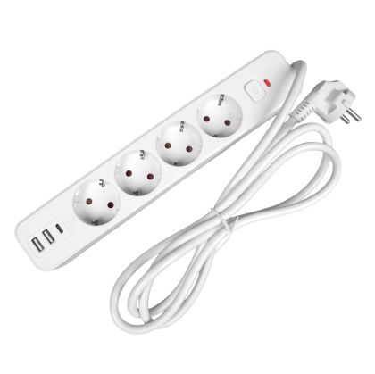 Разклонител Office 1, шуко, 4 гнезда, 3 m кабел, 2 USB Type-A, 1 USB Type-C, с ключ, бял