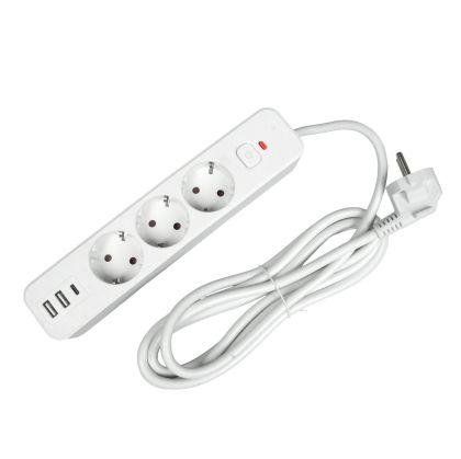 Разклонител Office 1, шуко, 3 гнезда, 3 m кабел, 2 USB Type-A, 1 USB Type-C, с ключ, бял