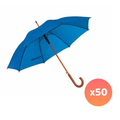 Office 1 Чадър, автоматичен, с извита дървена дръжка, 103 cm, с брандиране, син, 50 броя