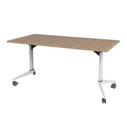 Конферентна маса RFG Flip, 140 x 80 x 74 cm, мобилна, сгъваема, правоъгълен плот, ПДЧ 25 mm, кехлибарен дъб, бели метални крака