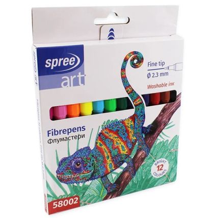 Флумастери Spree, тънък връх, Ф2.3мм, 12 цвята