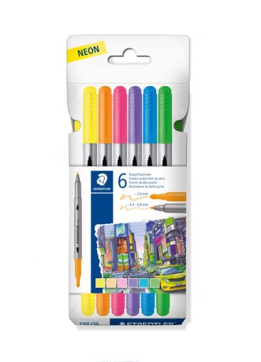 Флумастри Staedtler 3200, двувърхи, 6 цвята, неон