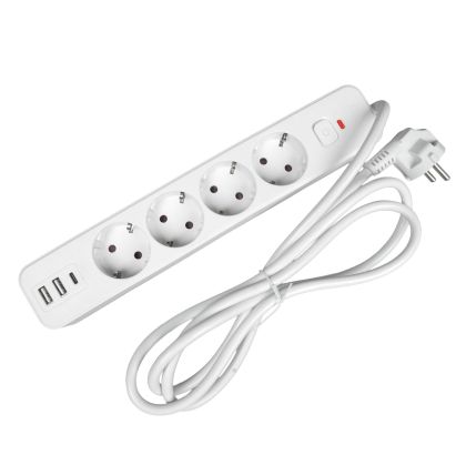 Разклонител Office 1, шуко, 4 гнезда, 1.8 m кабел, 2 USB Type-A, 1 USB Type-C, с ключ, бял