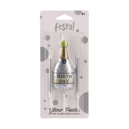 Свещ за торта Festa, Happy Birthday, форма на шампанско, сребриста