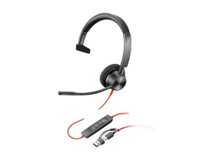 Слушалки HP Poly Blackwire 3310, с кабел 2.15 m, с микрофон, USB Type-C/Type-A адаптер, USB Type-C/USB Type-A, 118 dB