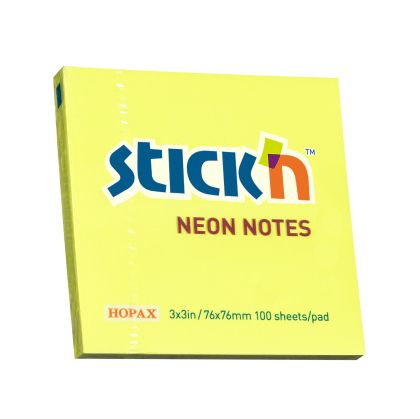 Stick'n Самозалепващи се листчета, 76x76 mm, неонови, жълти, 100 листа