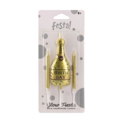 Свещ за торта Festa, Happy Birthday, форма на шампанско, златиста