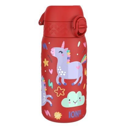 Бутилка за вода Ion8 Print, метална, 400ml, ЕДНОРОЗИ ЧЕРВЕН