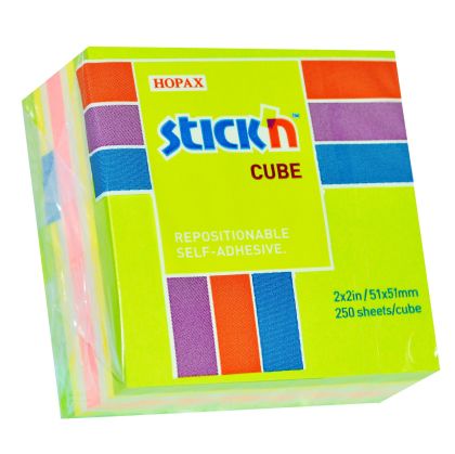 Stick'n Самозалепващи се листчета, 51 x 51 mm, неонови, 4 цвята, 250 листа