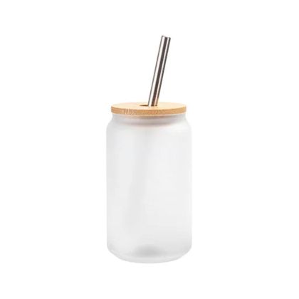 BESTSUB Чаша Frost, стъклена, с бамбуков капак и сламка, 400 ml