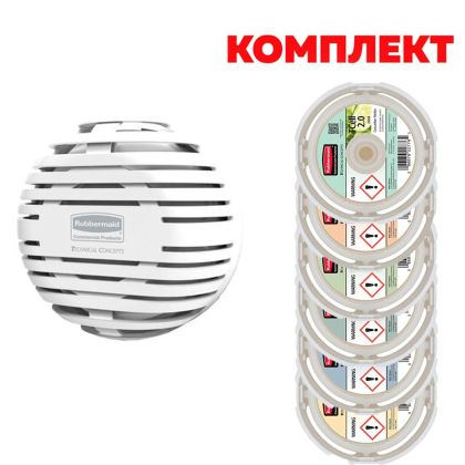 Диспенсър за ароматизатор Rubbermaid TCell 2.0, бял, с включени 6 пълнителя асорти