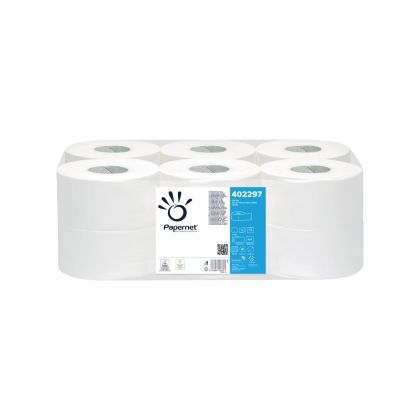Тоалетна хартия Papernet Mini Jumbo, двупластова, целулозна, 450 g, 12 броя, 459 къса, 140 m