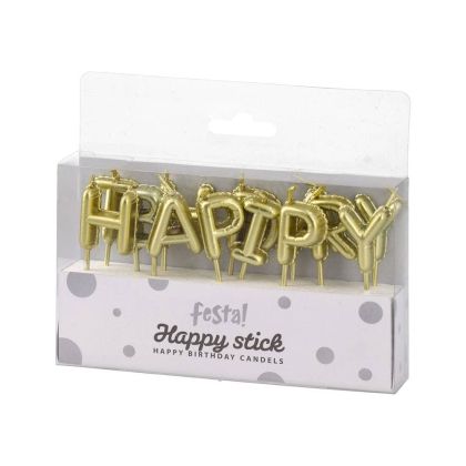 Свещи за торта Festa, Happy Birthday, златисти