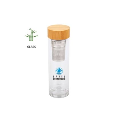 Office 1 Бутилка Zen, двустенна, стъклена, с цедка и бамбуков капак, 450 ml
