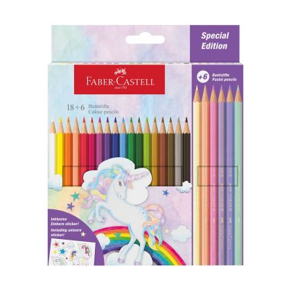 Faber-Castell Цветни моливи Еднорог, 18 стандартни и 6 пастелни цвята
