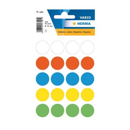 Herma Самозалепващи се етикети, кръгли, цветни, диаметър 19 mm, 100 броя