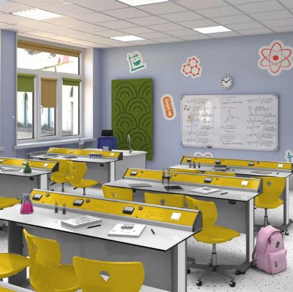 Кабинет по физика RFG Flat, над VII клас, за 24 ученика, HPL плот, метални крака, бяло-жълт