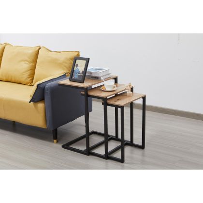 Ниска маса RFG Lisa, правоъгълен плот, плот цвят дъб, ПДЧ, черни метални крака, 3 броя в комплект