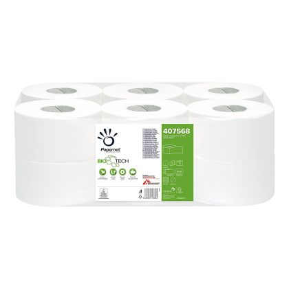 Тоалетна хартия Papernet Bio, Mini Jumbo, двупластова, 405 къса, 12 броя, 149 m