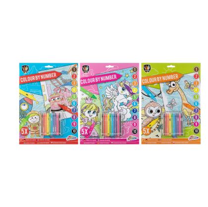 Moxy Комплект рисуване по номера, А4, 5 листа, с включени пастели, 24 броя