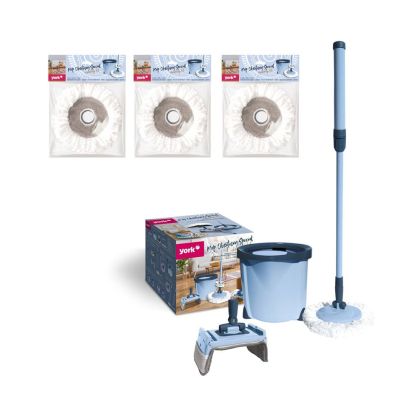 Комплект за почистване на под York Rotary, включващ кофа 13 L с изстисквач, кръгъл моп, плосък моп и дръжка