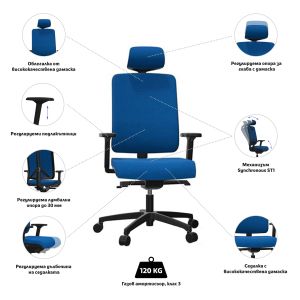 Ергономичен стол Rim Flexi FX 1114, текстил, Synchronous ST1 механизъм, до 120 kg, син, сглобена мостра