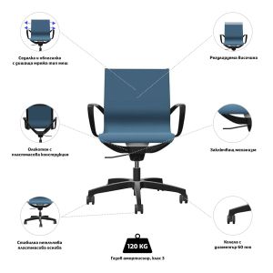 Ергономичен стол Rim Zero ZG 1352, меш, пластмасова основа, син