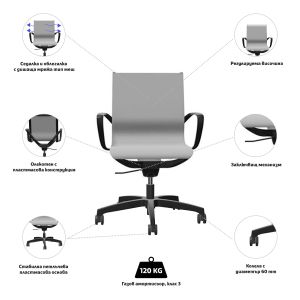 Ергономичен стол Rim Zero ZG 1352, меш, пластмасова основа, сив, сглобена мостра